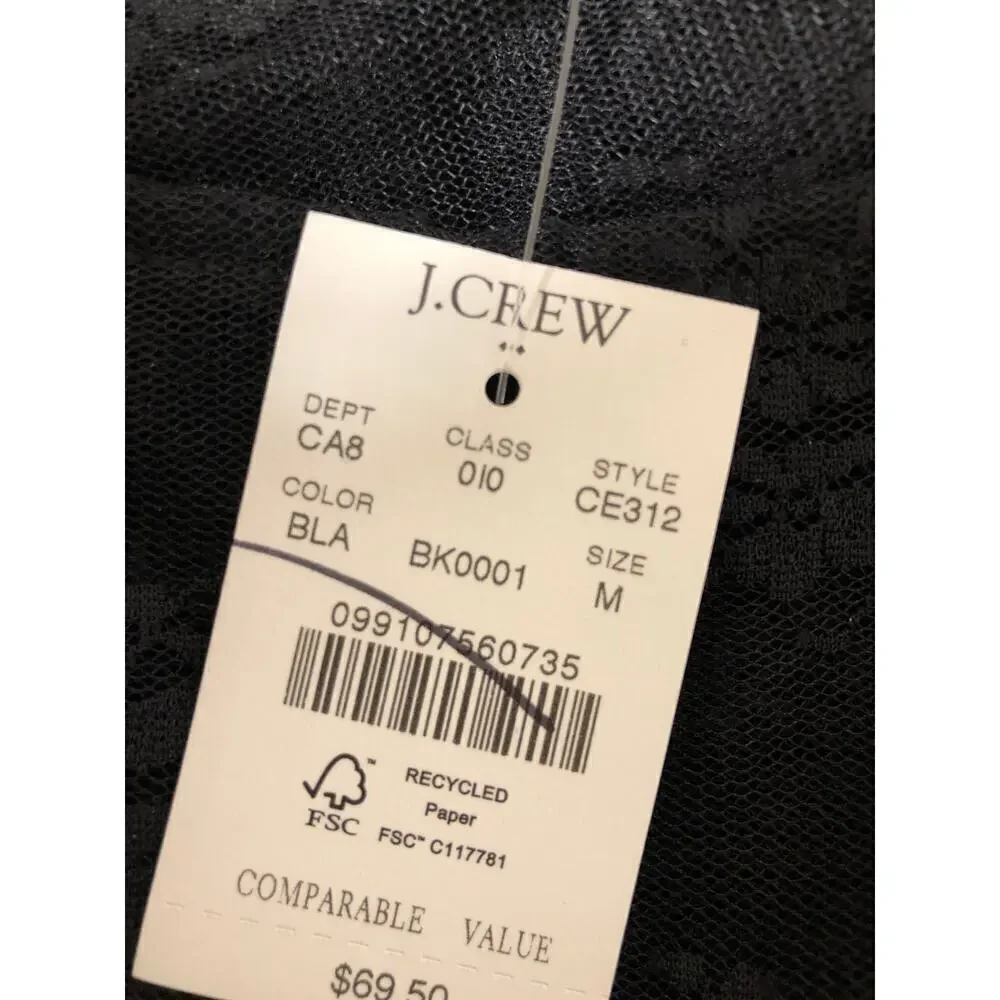 J. Crew Top Long Sleeve Sheer Lace Lined Slim Fit Gothic Tee Black NWT Medium